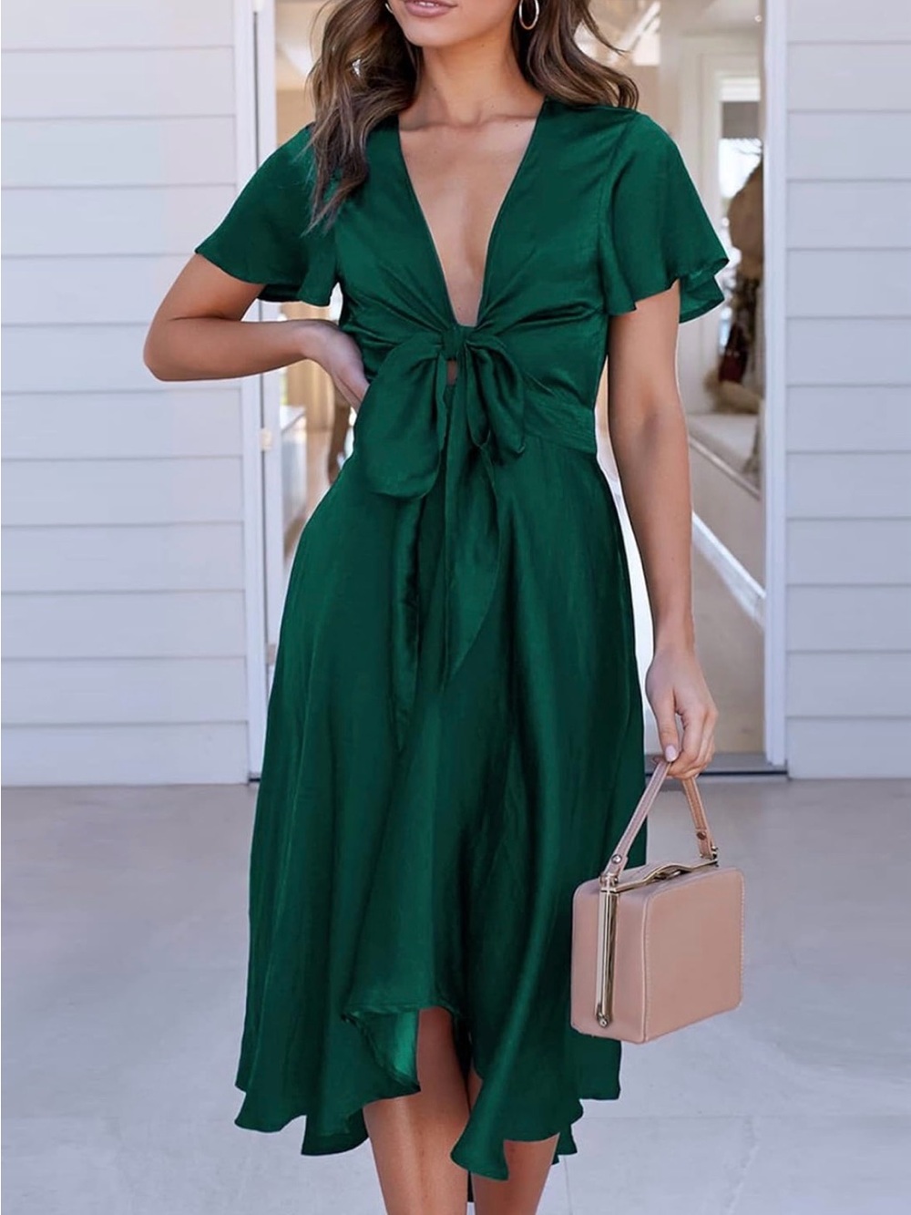 <miduo > Forest Green Satin Tie-Front High-Low Dress